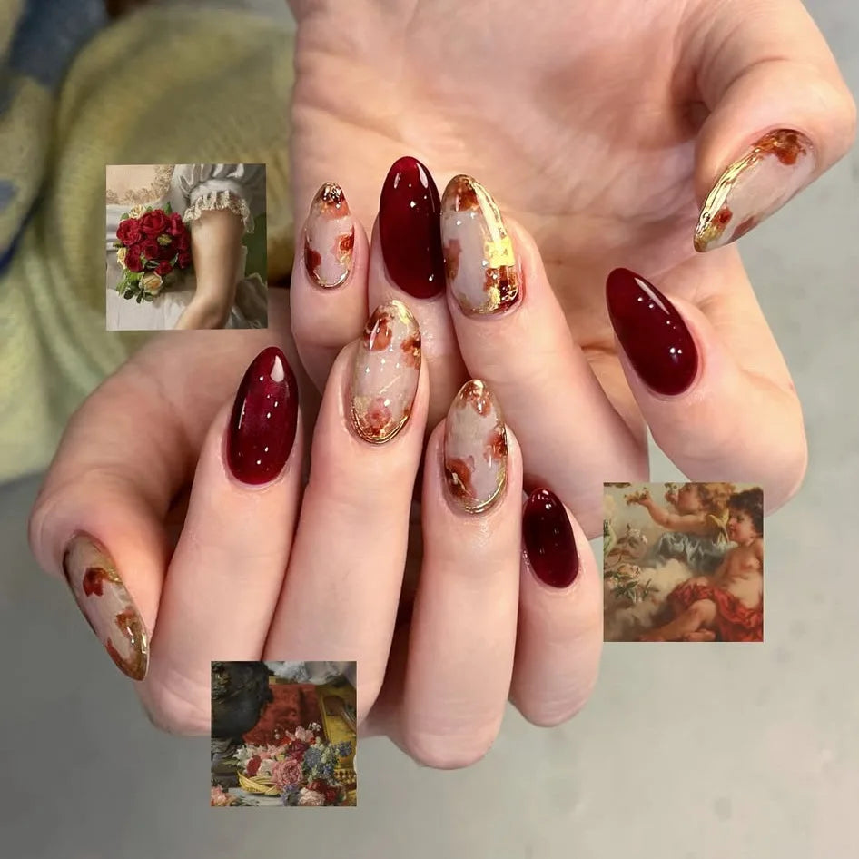 Wine Red Smudge Flower Almond Press-On Nails