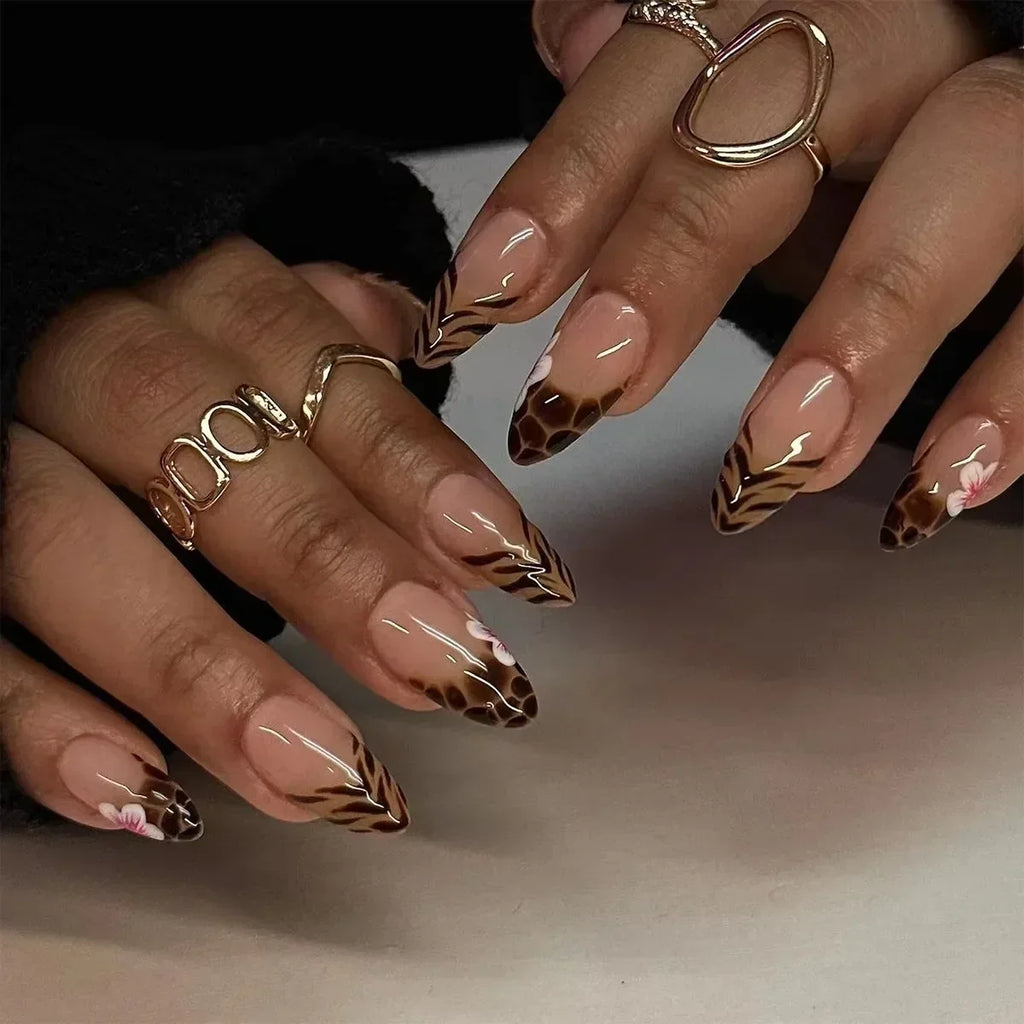 Leopard Print Almond Press-On Nails with Cherry & Star Charms