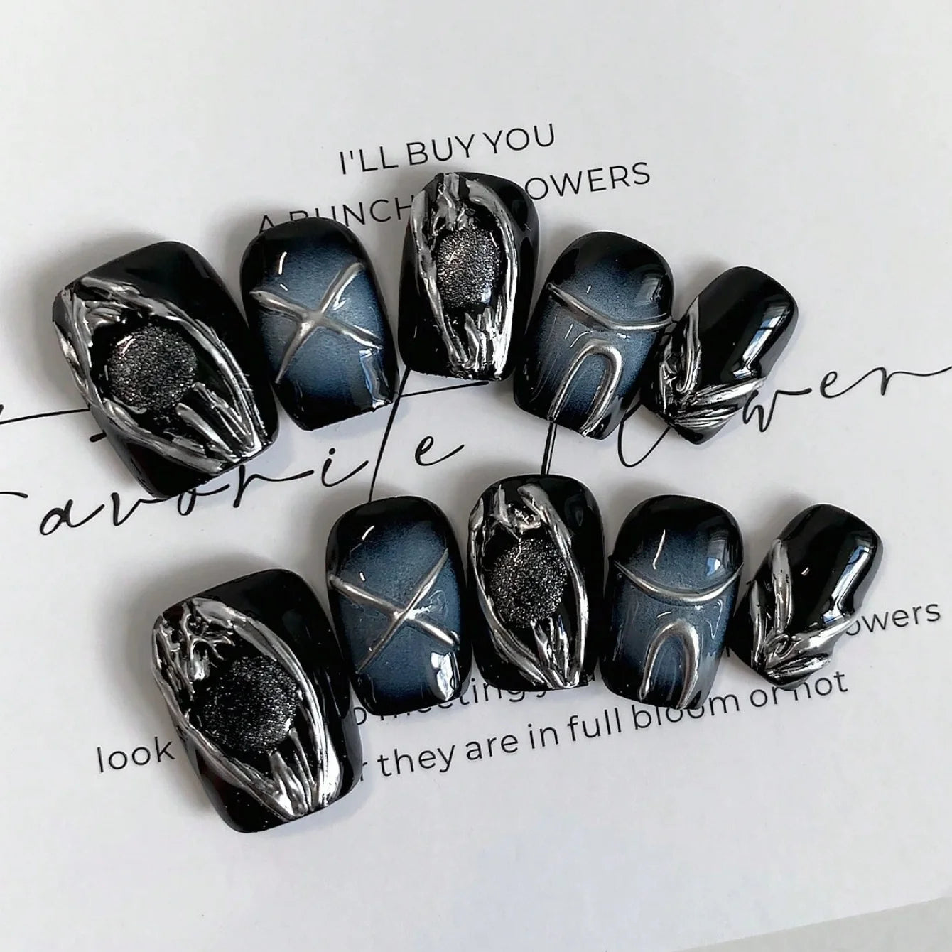 Midnight Cross – Blue Black Short Square Press-On Nails