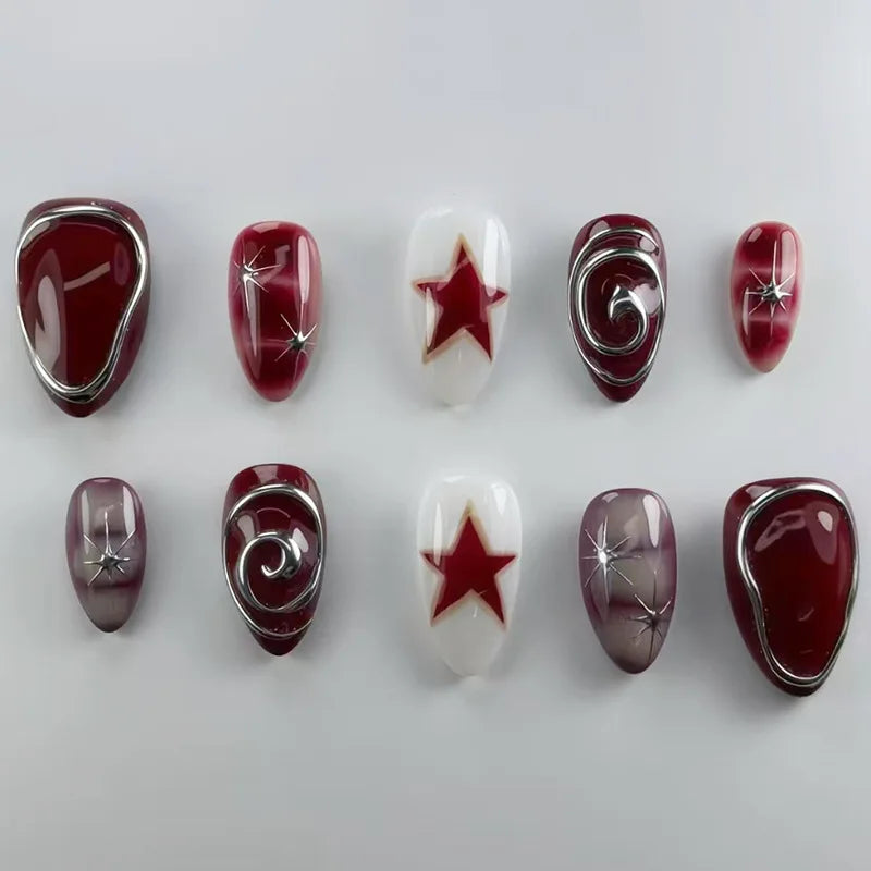 Short Red Star Almond Press-On Nails