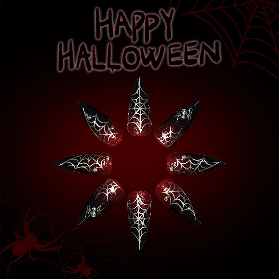 Halloween Spider Web Dark Red Almond Press-On Nails
