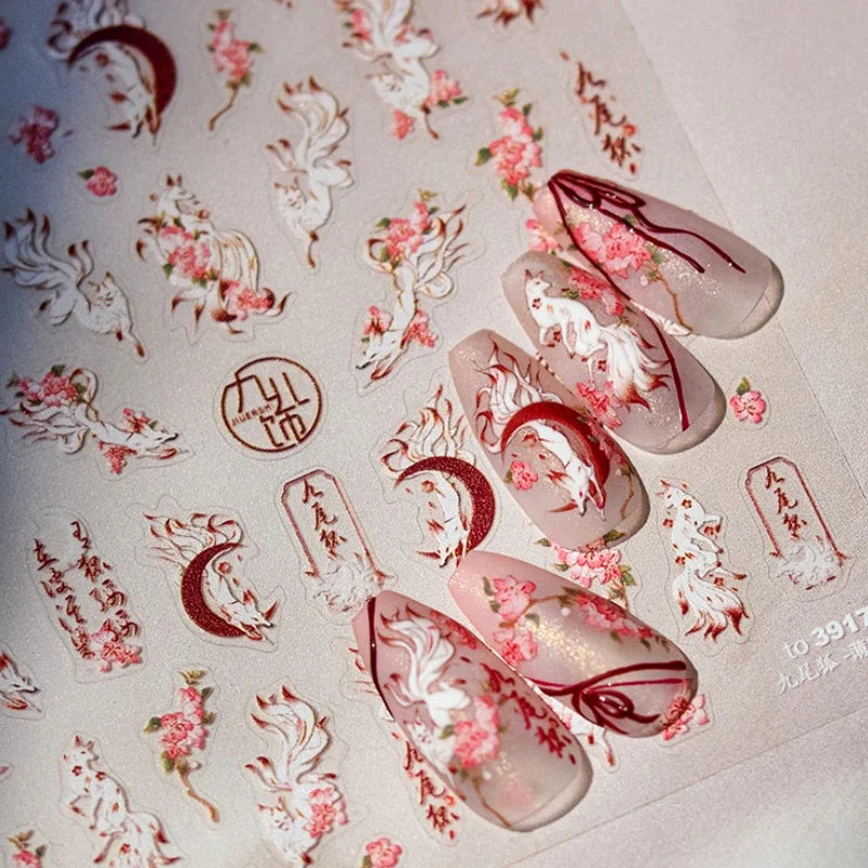 Nine-Tailed Fox Red Flower Nail Art Stickers