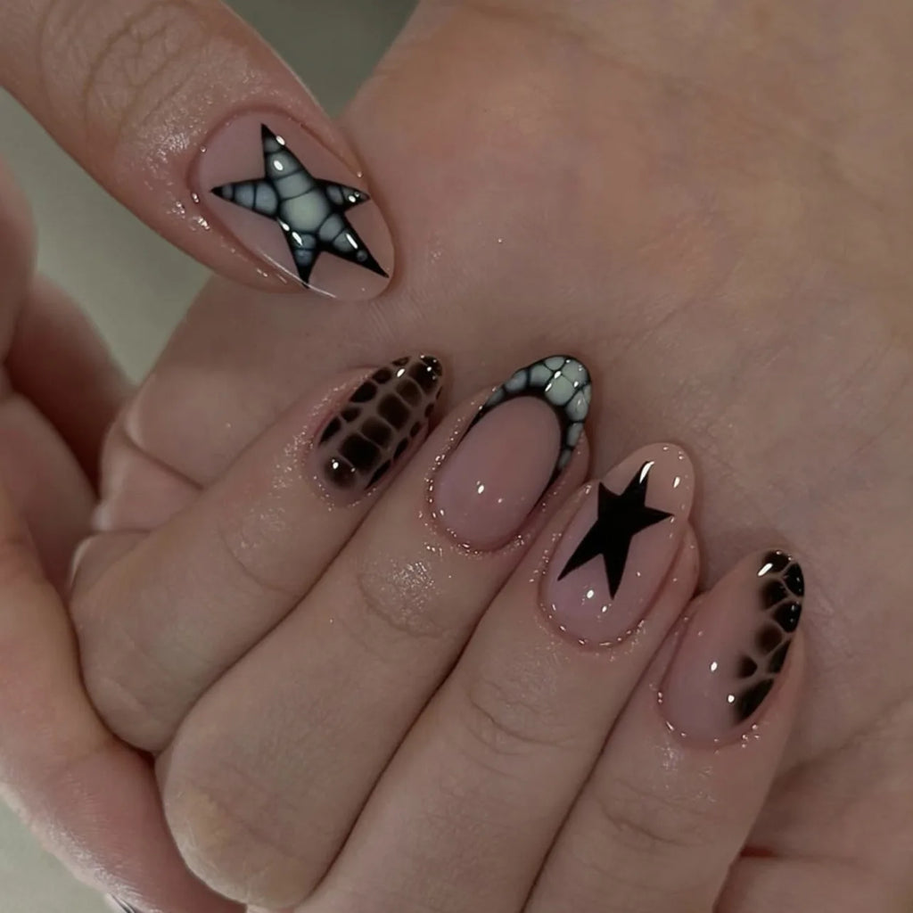 Short Red Star Almond Press-On Nails