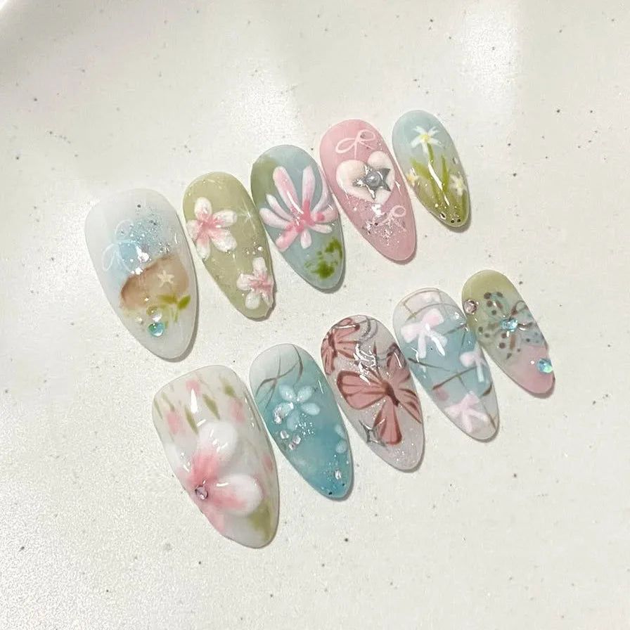 Short Green Smudge Almond Press-On Nails