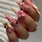 Long White French Stiletto Press-On Nails with Flowers