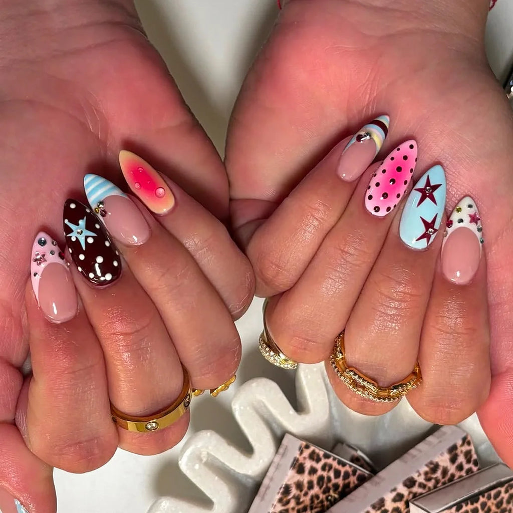 Short Red Star Almond Press-On Nails