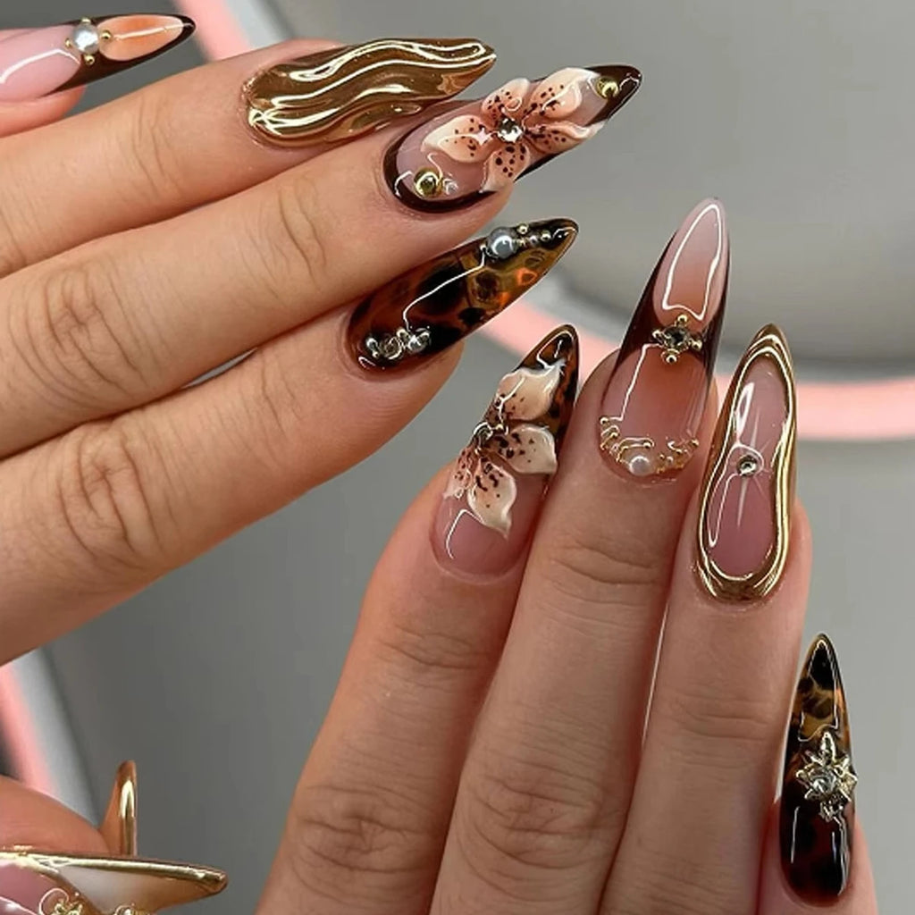 Amber Brown Almond Press-On Nails with Rhinestones & Pearls