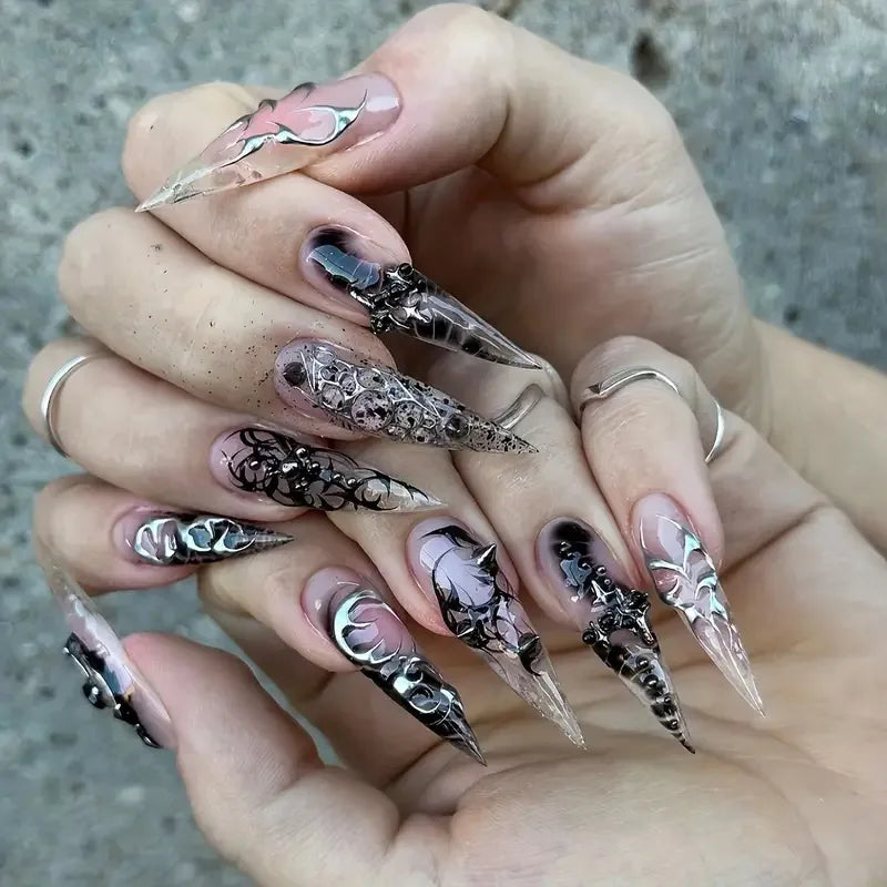 Black Gradient Stiletto Press-On Nails with Silver Lines