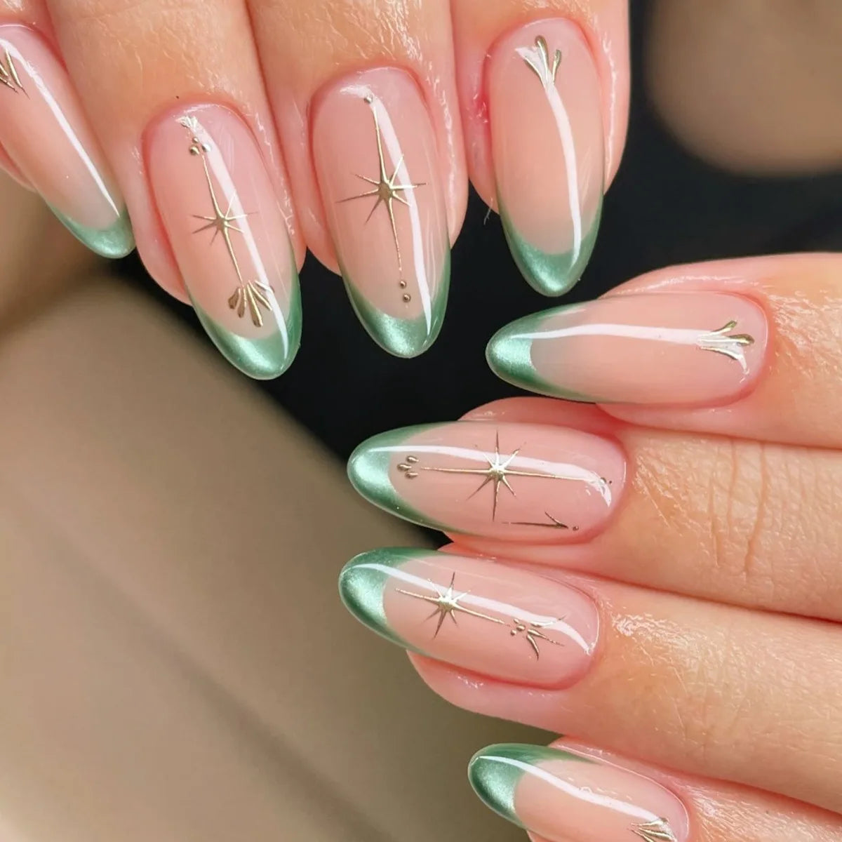 French Almond Press-On Nails with 3D Flower & Stars
