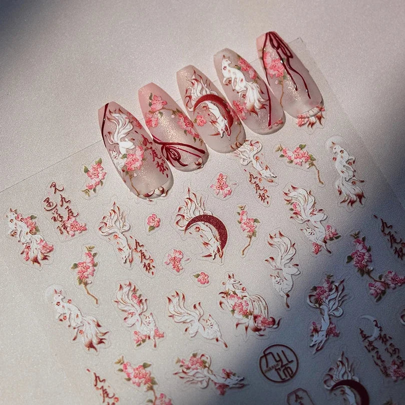 Nine-Tailed Fox Red Flower Nail Art Stickers