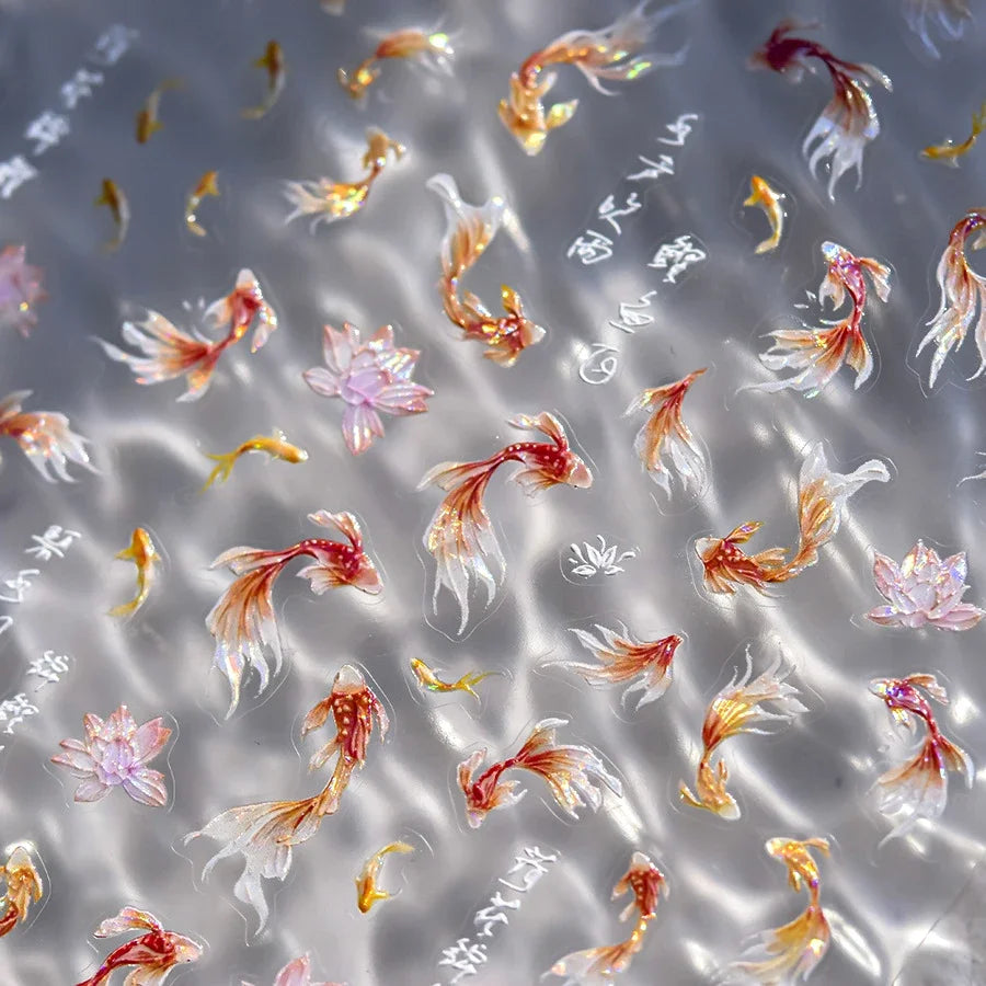 Cute Koi & Lotus Nail Art Stickers - Mermaid Sea Decals
