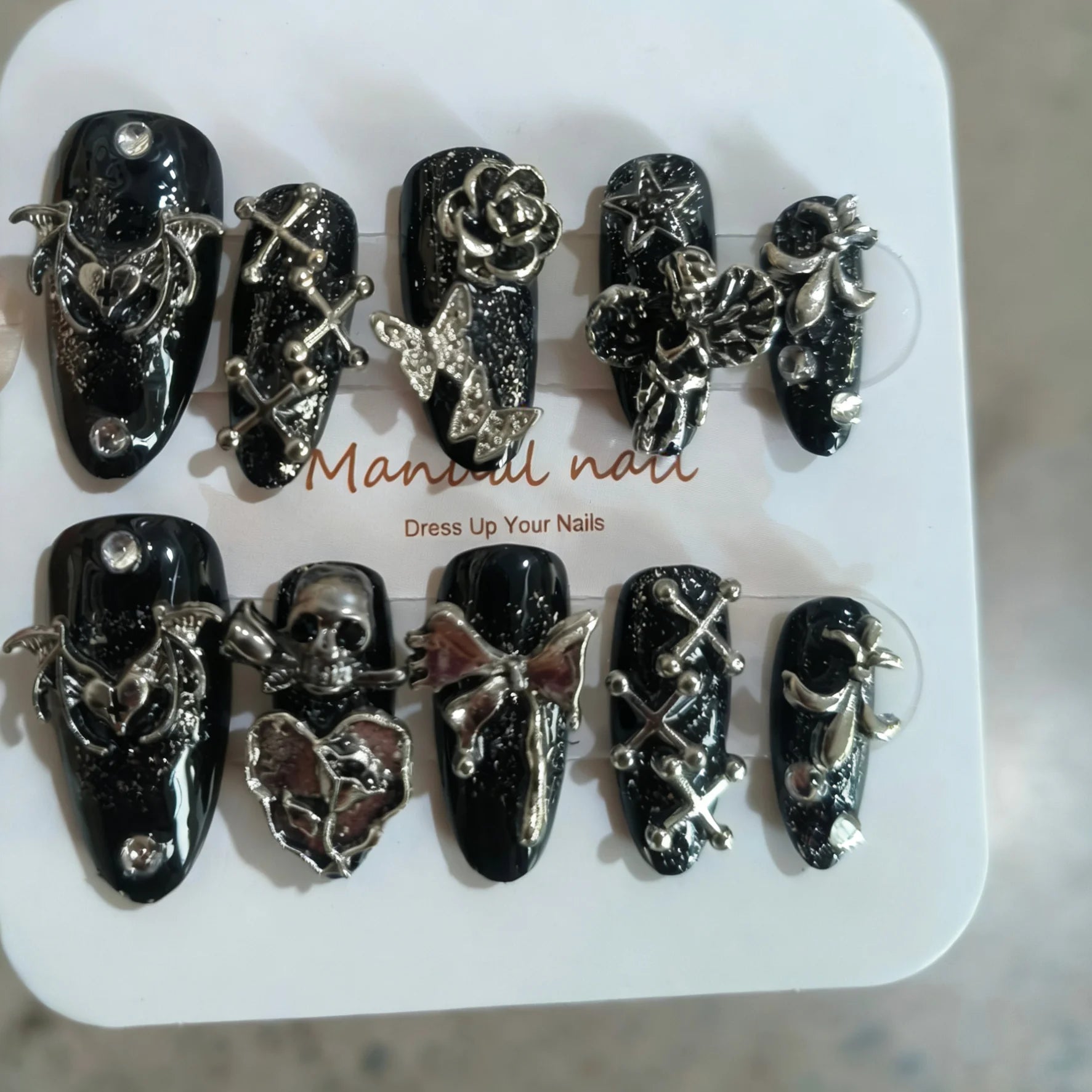 Thorned Romance – Rose & Wing Almond Press-On Nails