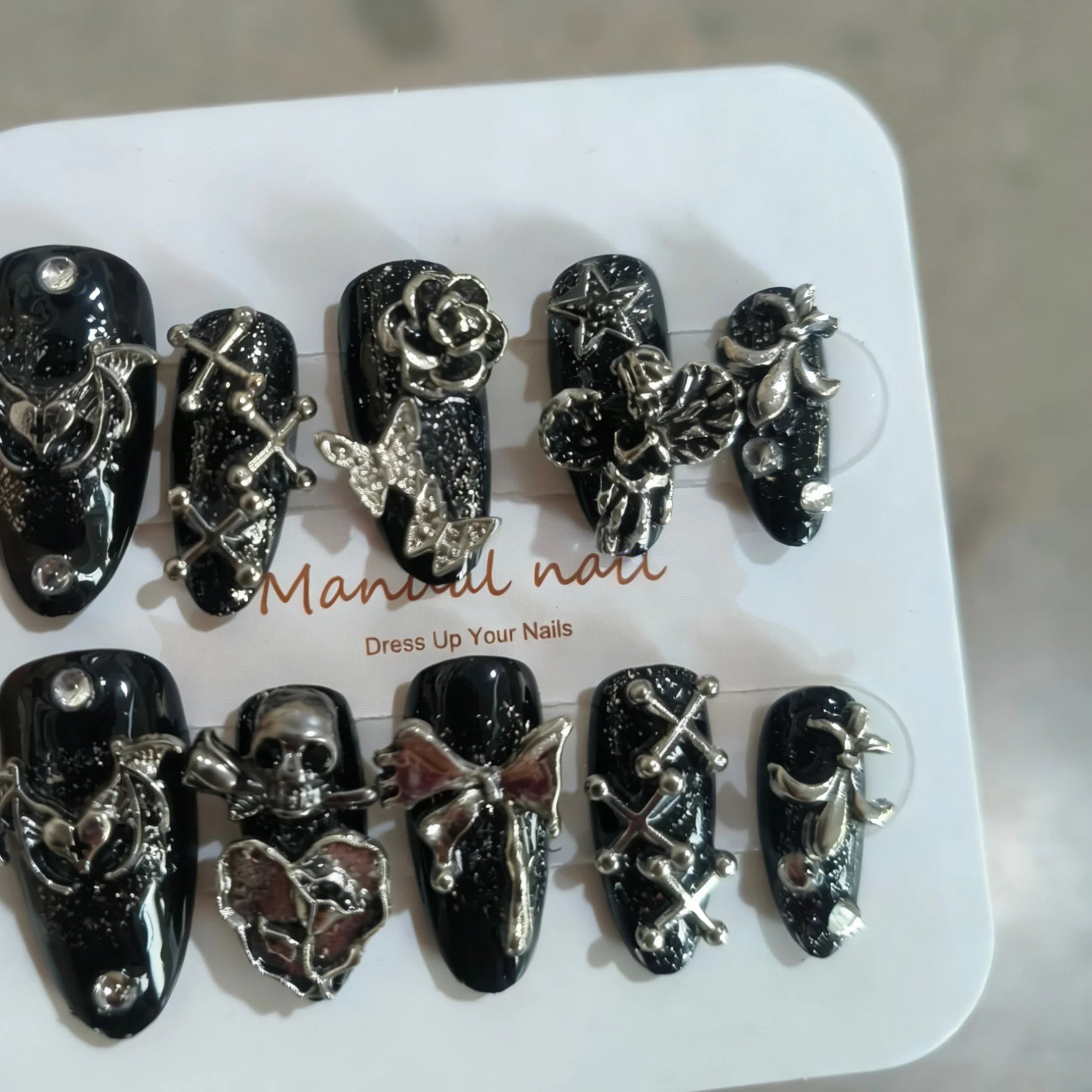 Thorned Romance – Rose & Wing Almond Press-On Nails