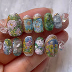 Short Green Smudge Almond Press-On Nails