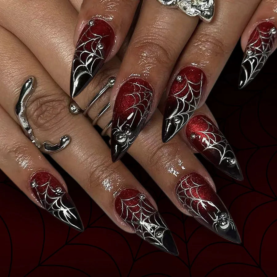 Halloween Spider Web Dark Red Almond Press-On Nails