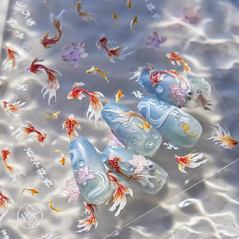 Cute Koi & Lotus Nail Art Stickers - Mermaid Sea Decals