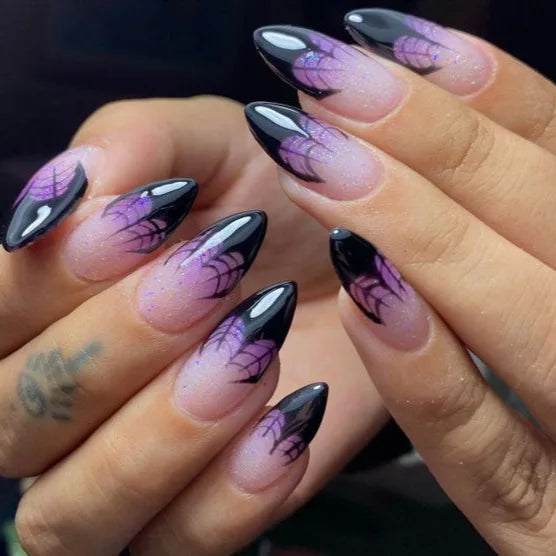Halloween Blood French Almond Press-On Nails with Spider Web