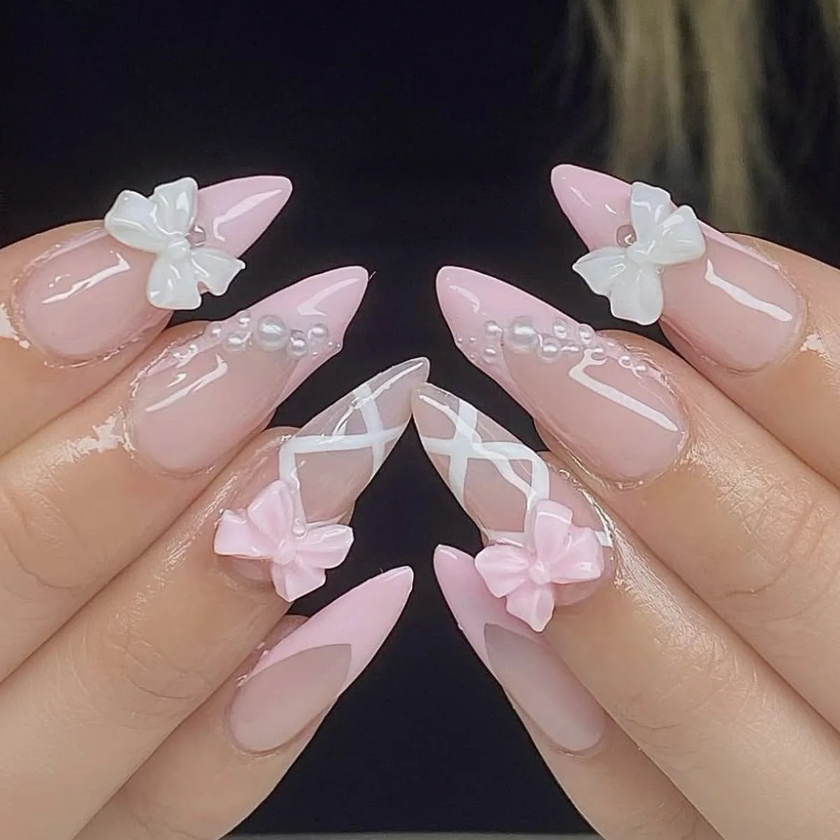 French Almond Press-On Nails with 3D Flower & Stars