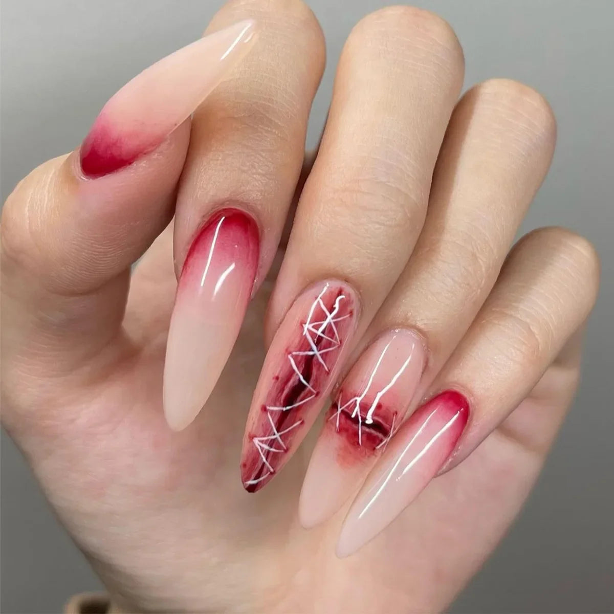 Halloween Red Flame Stiletto Press-On Nails with Blood Drips