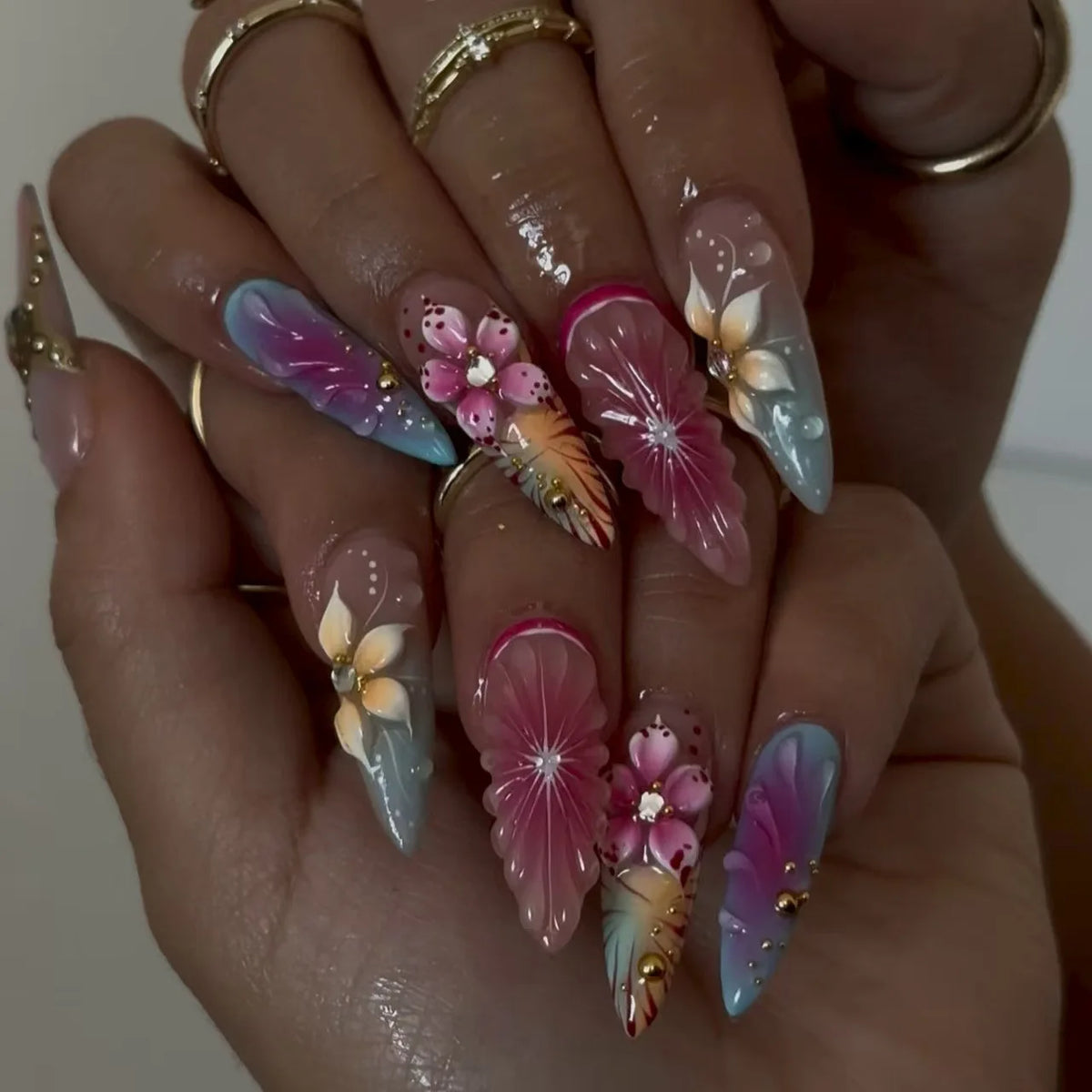 Long White French Stiletto Press-On Nails with Flowers