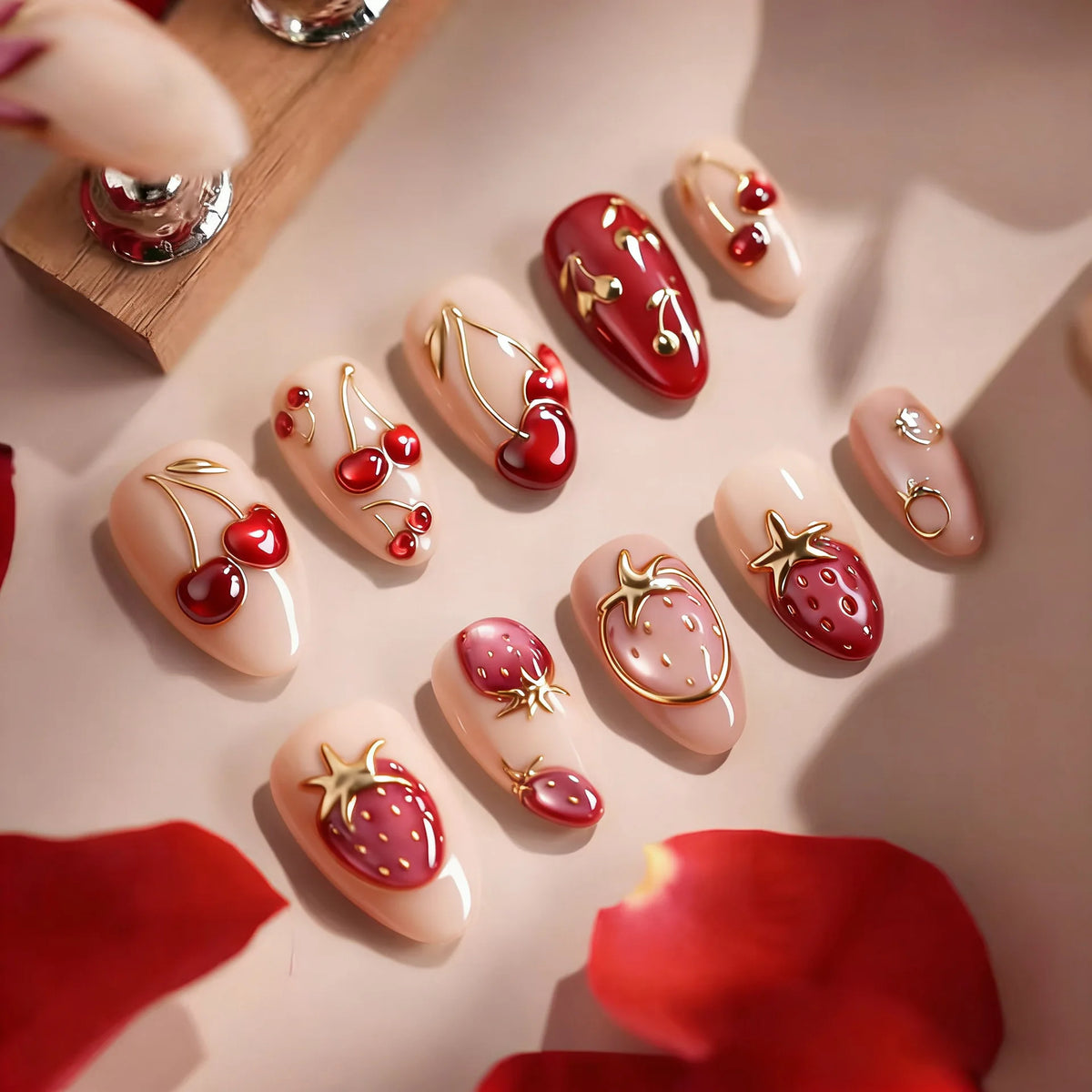 Wine Red Smudge Flower Almond Press-On Nails