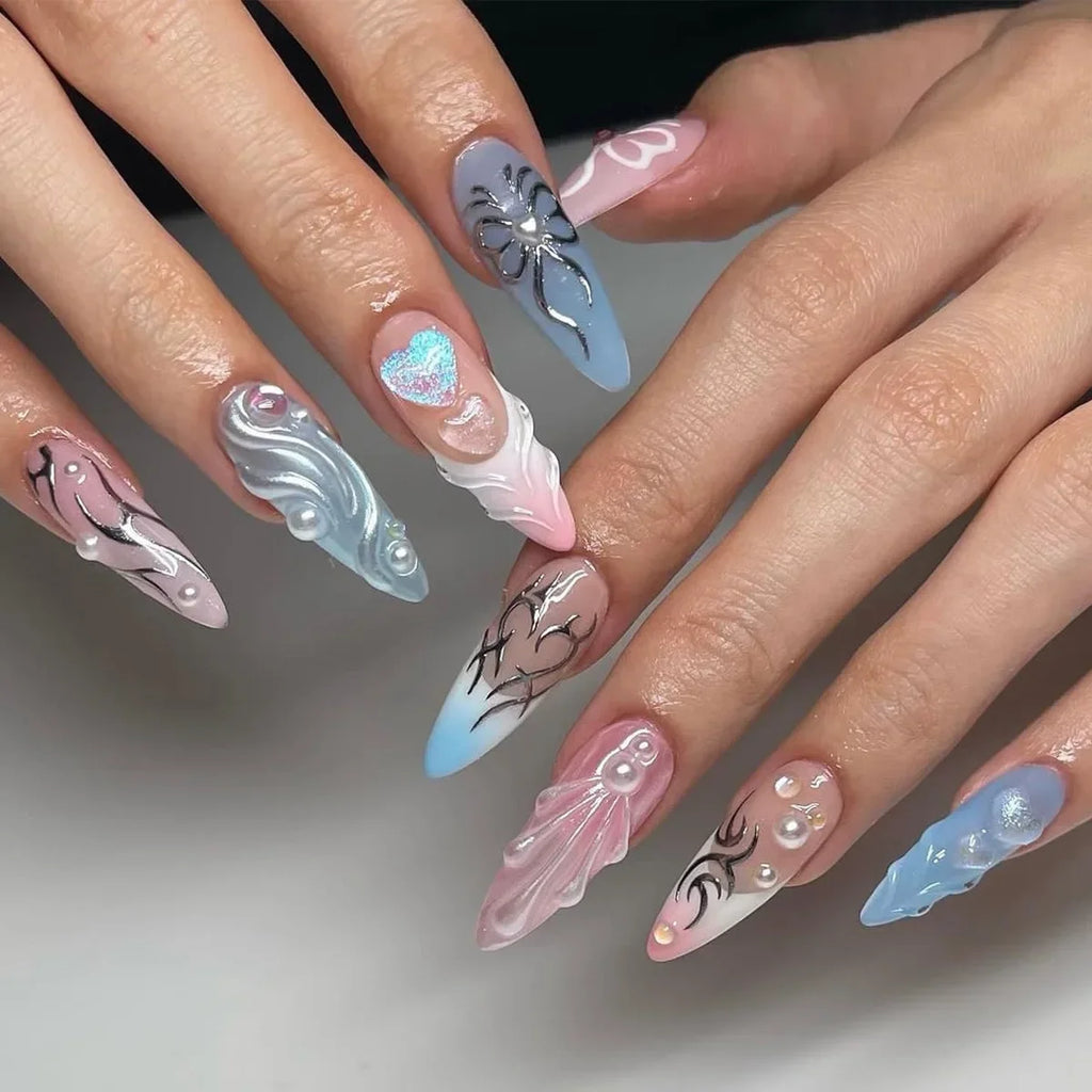 Summer Blue Water Ripple French Almond Press-On Nails