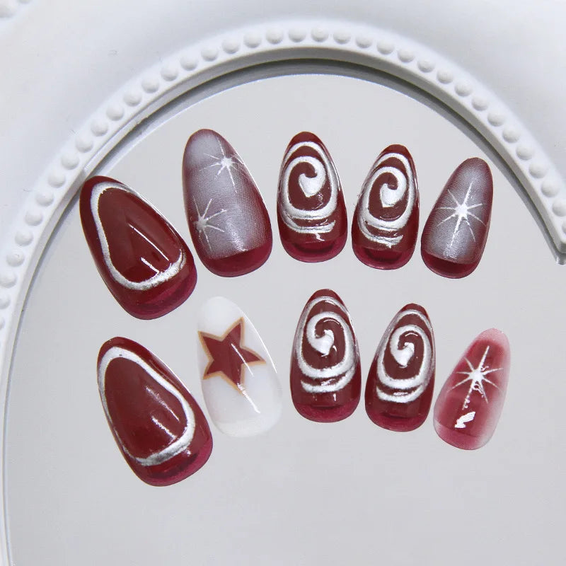 Short Red Star Almond Press-On Nails