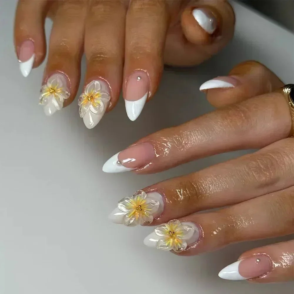 Amber Brown Almond Press-On Nails with Rhinestones & Pearls