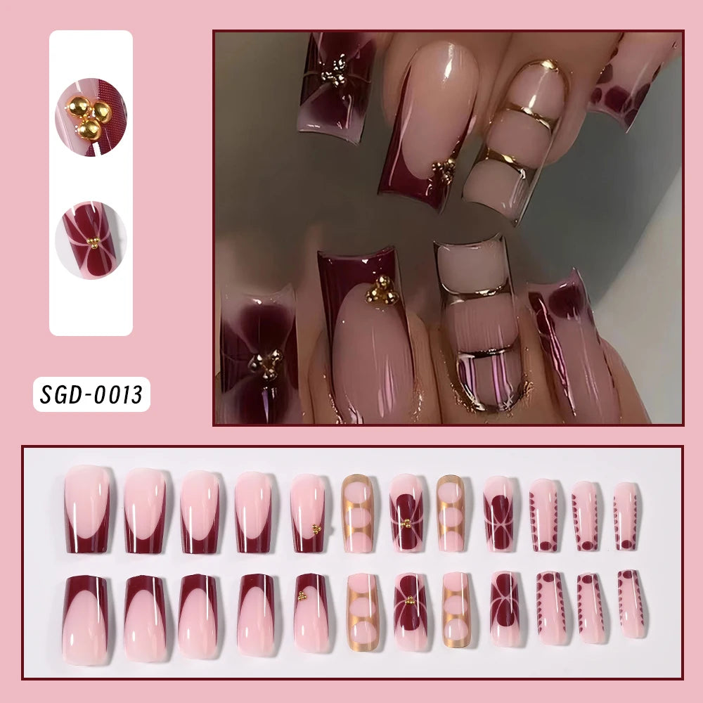 Gold Ripple Brown Floral Almond Press-On Nails