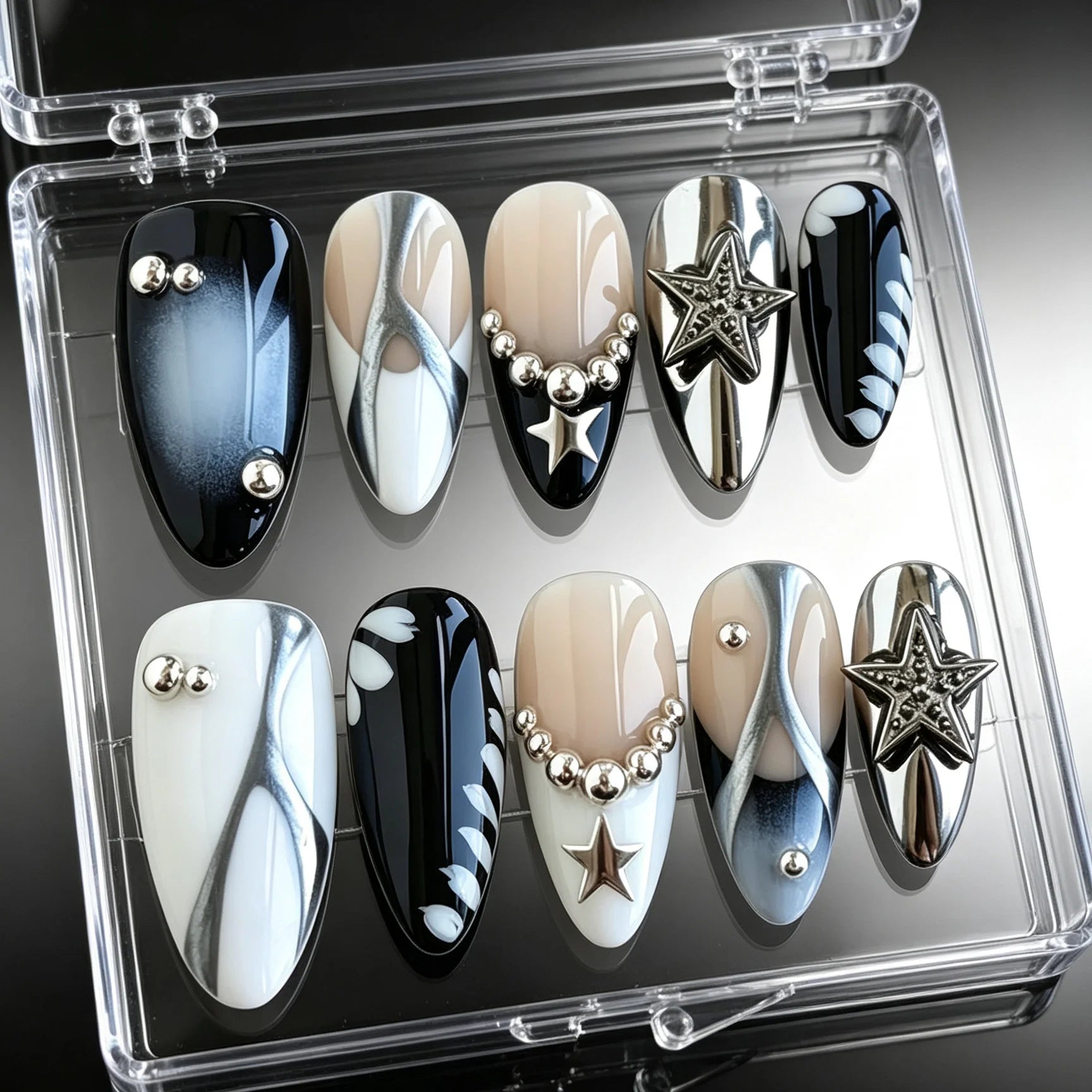 Starlit Noir – Black & Silver Almond Press-On Nails