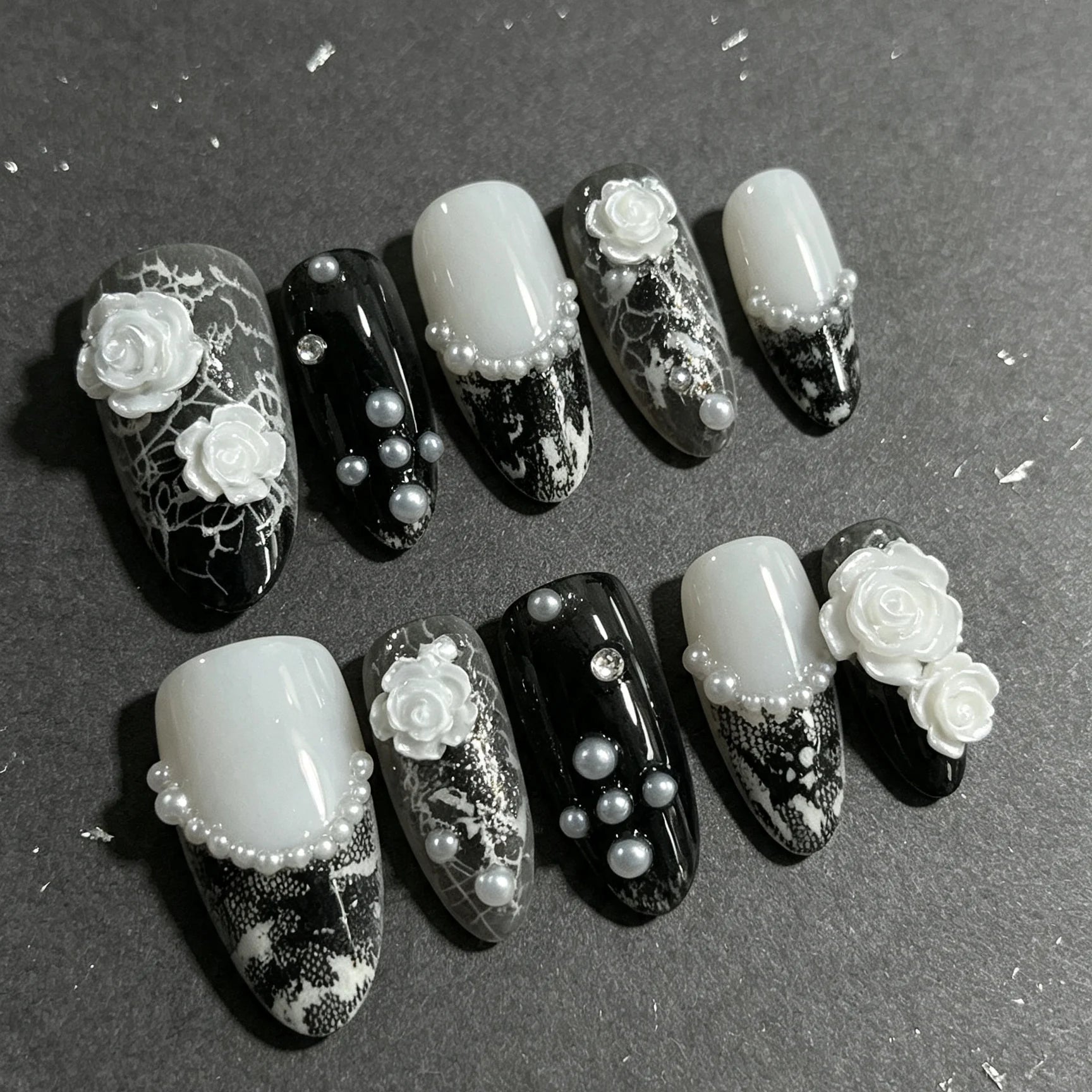 Lace Revenant – White Rose Gothic Almond Press-On Nails