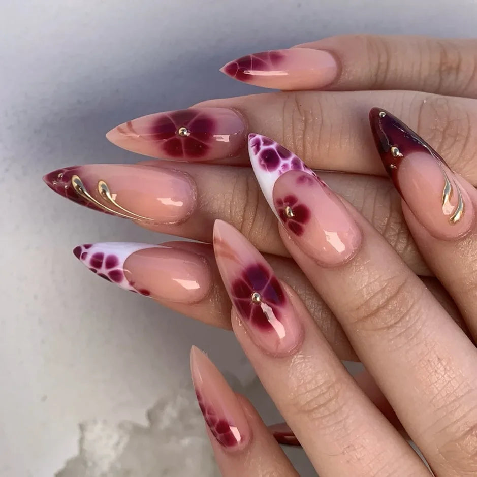 Long White French Stiletto Press-On Nails with Flowers