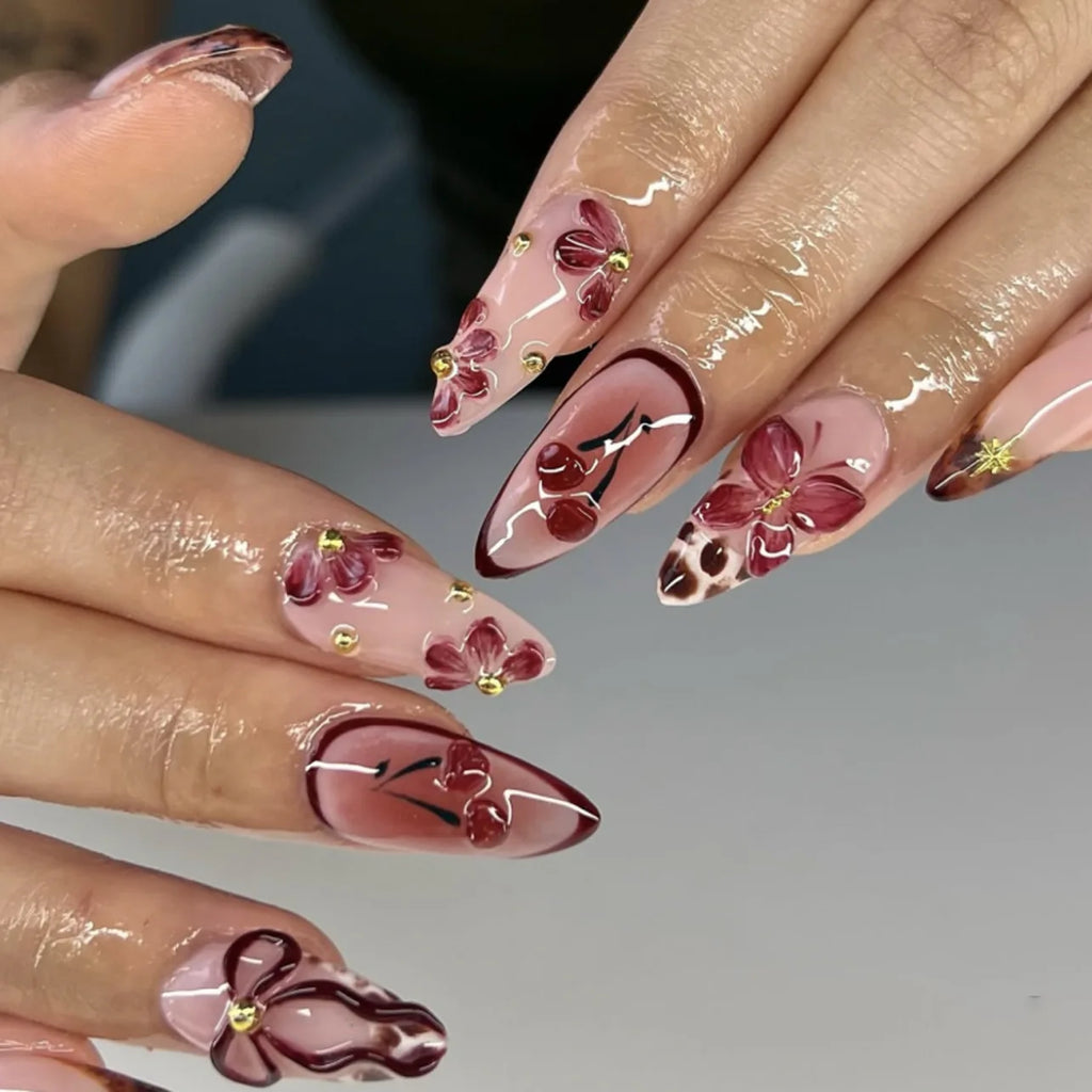 Long White French Stiletto Press-On Nails with Flowers
