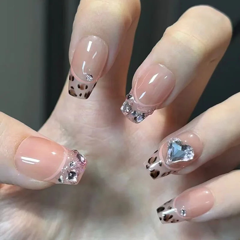 Cat Eye Leopard Ballet Press-On Nails with Rhinestones