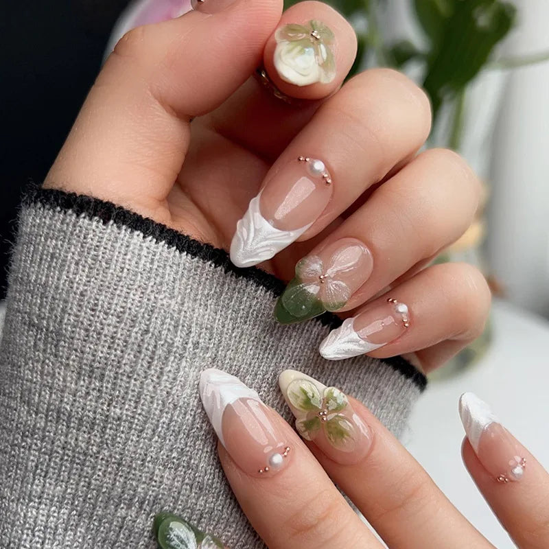 French Almond Press-On Nails with 3D Flower & Stars