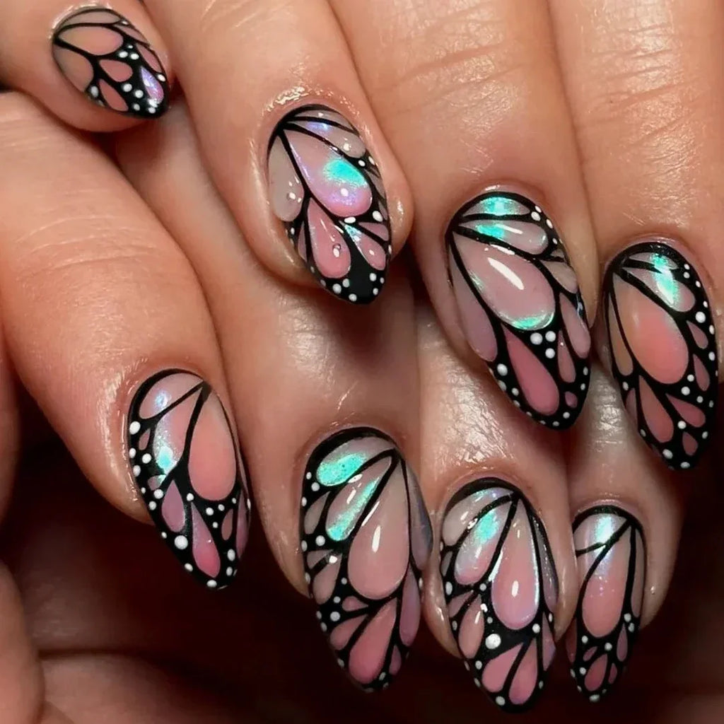 Amber Brown Almond Press-On Nails with Rhinestones & Pearls