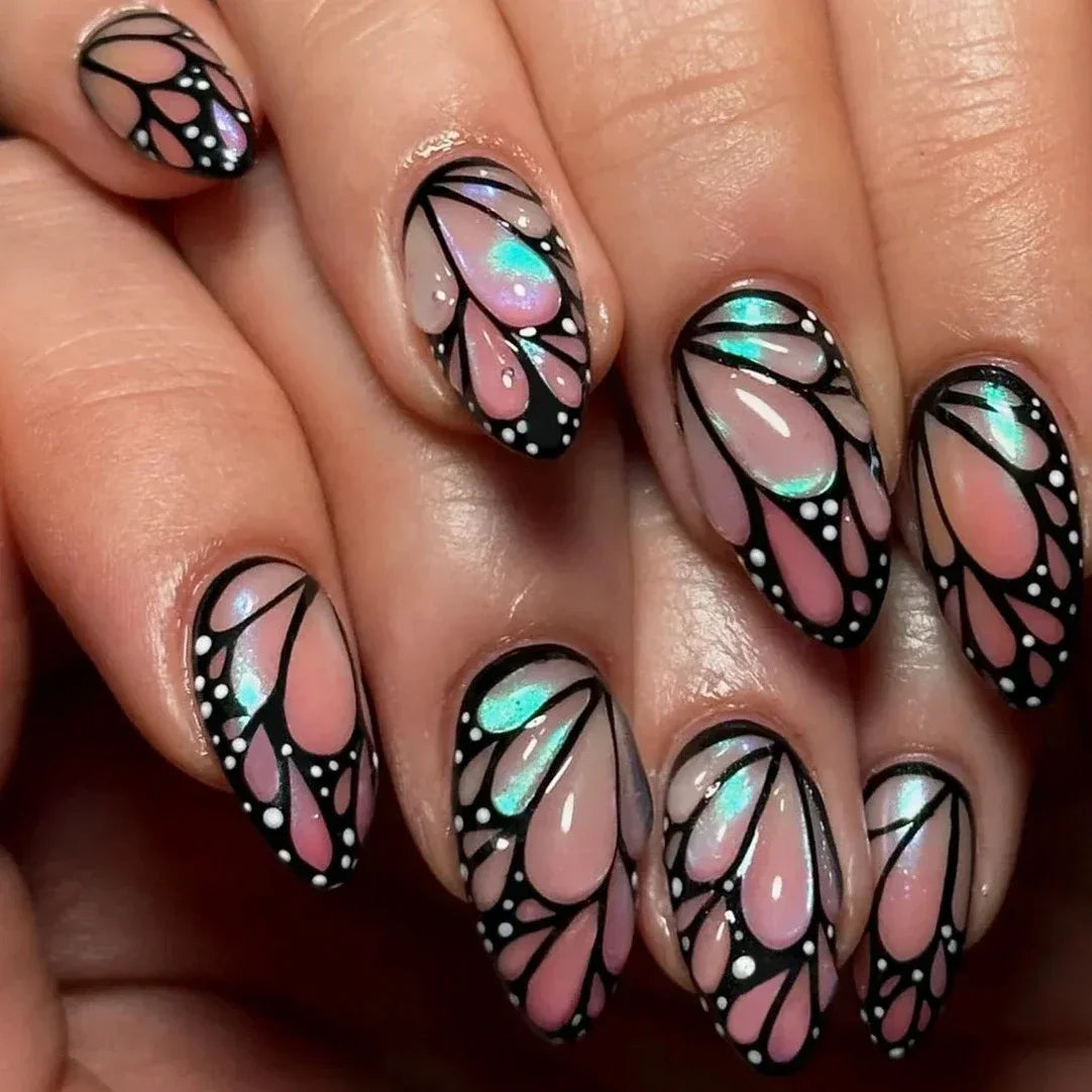 Amber Brown Almond Press-On Nails with Rhinestones & Pearls