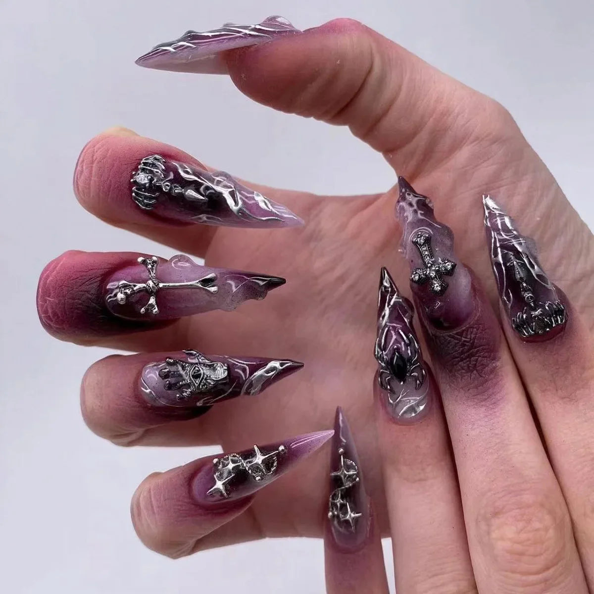 Halloween Spider Skull Press-On Nails - Purple Y2K Style