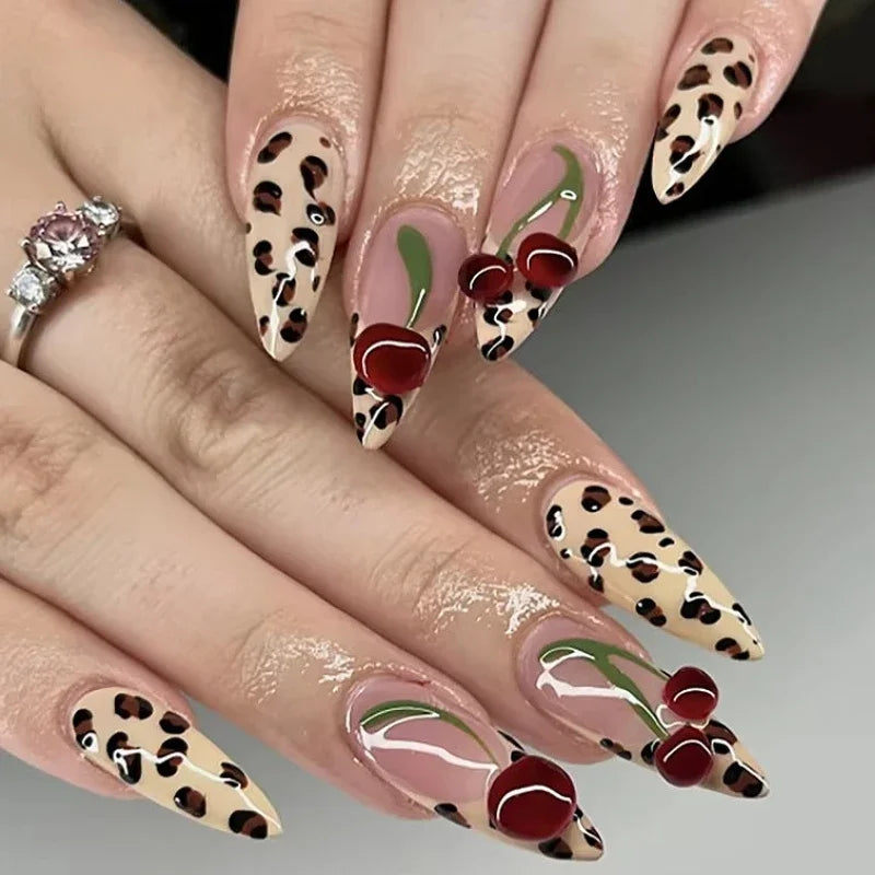 Leopard Print Almond Press-On Nails with Cherry & Star Charms