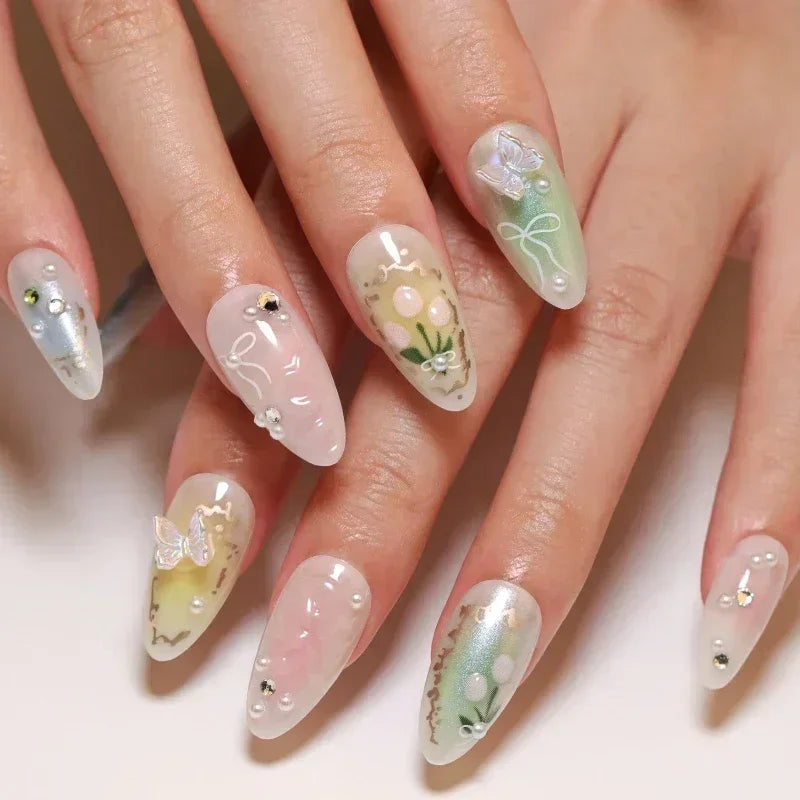 Amber Brown Almond Press-On Nails with Rhinestones & Pearls