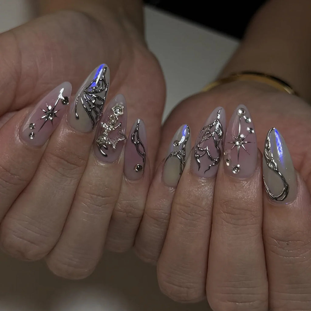 Silver Spider Gothic Punk Almond Press-On Nails