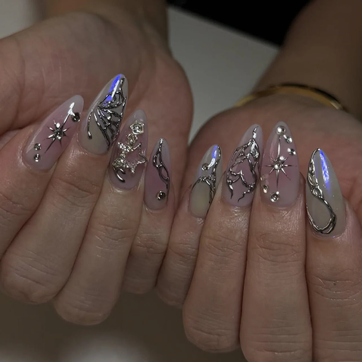 Silver Spider Gothic Punk Almond Press-On Nails