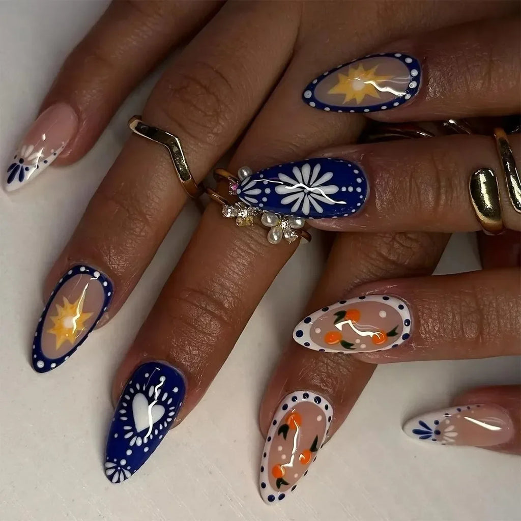 Leopard Print Almond Press-On Nails with Cherry & Star Charms