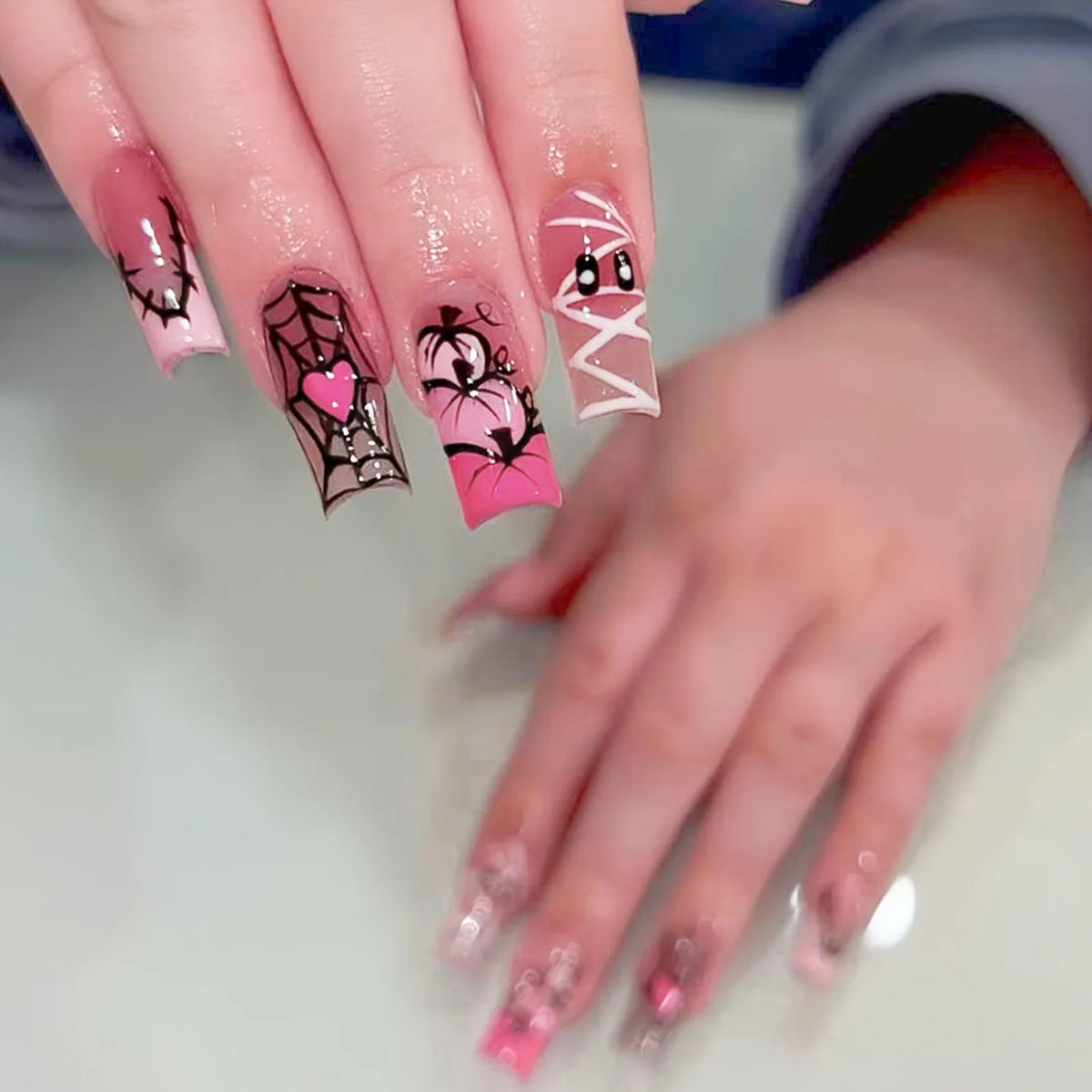 Glitter Pink Halloween Skull Ballet Press-On Nails