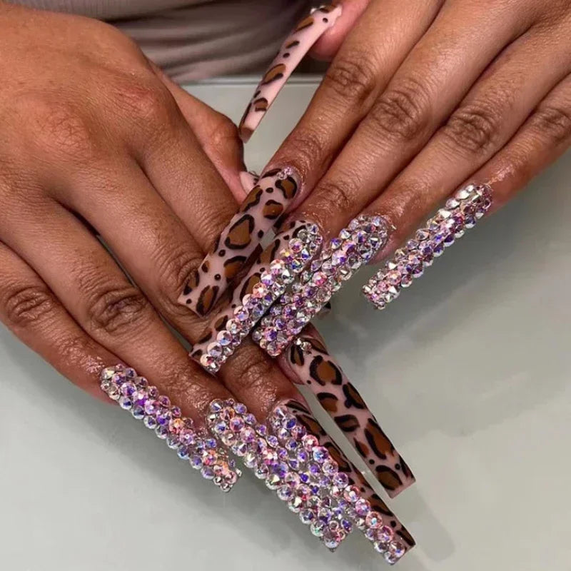Leopard Print Almond Press-On Nails with Cherry & Star Charms