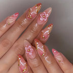 French Almond Press-On Nails with 3D Flower & Stars