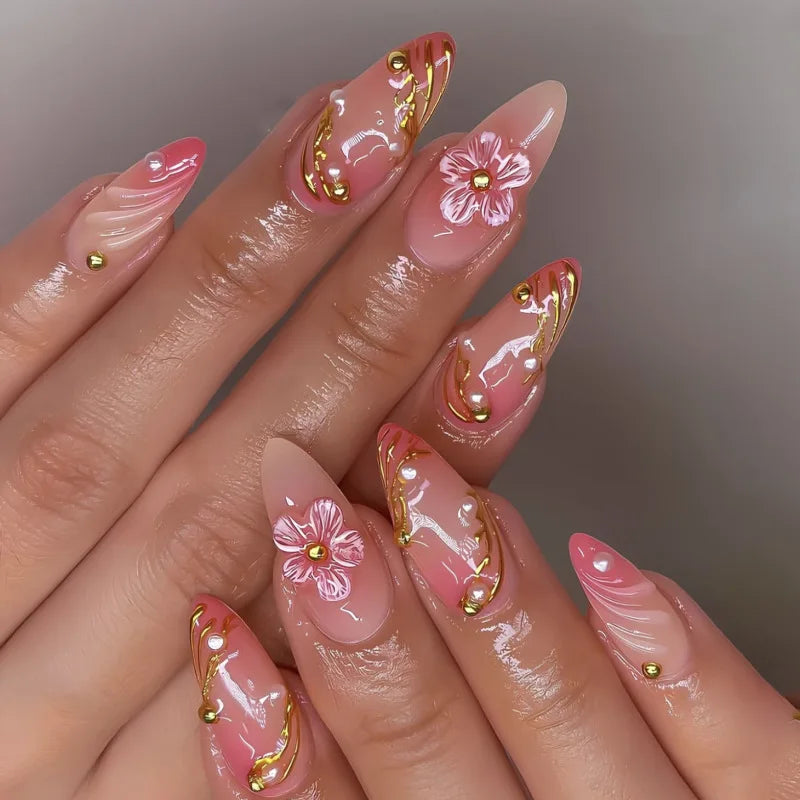 French Almond Press-On Nails with 3D Flower & Stars