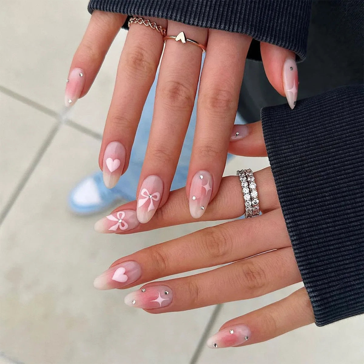 French Almond Press-On Nails with 3D Flower & Stars