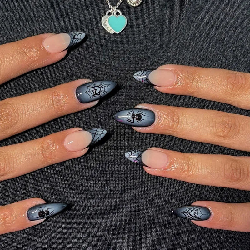 Halloween Blood French Almond Press-On Nails with Spider Web