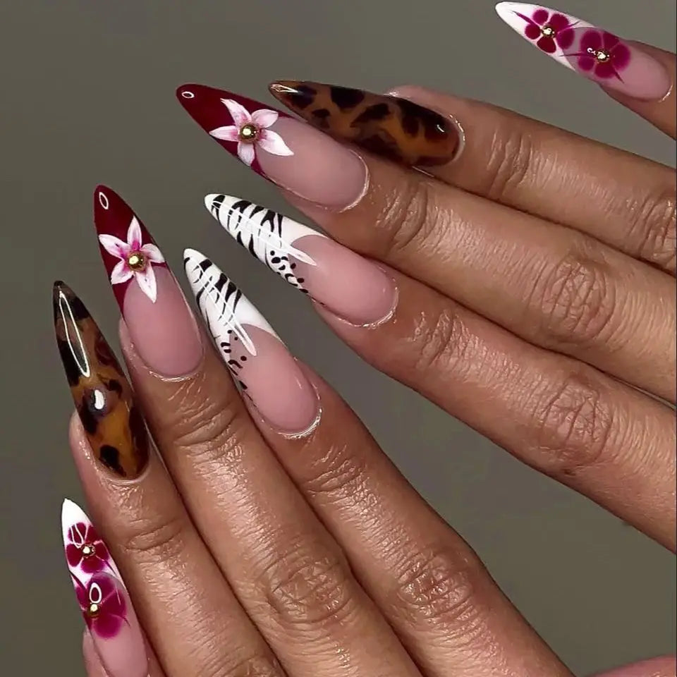 Long White French Stiletto Press-On Nails with Flowers